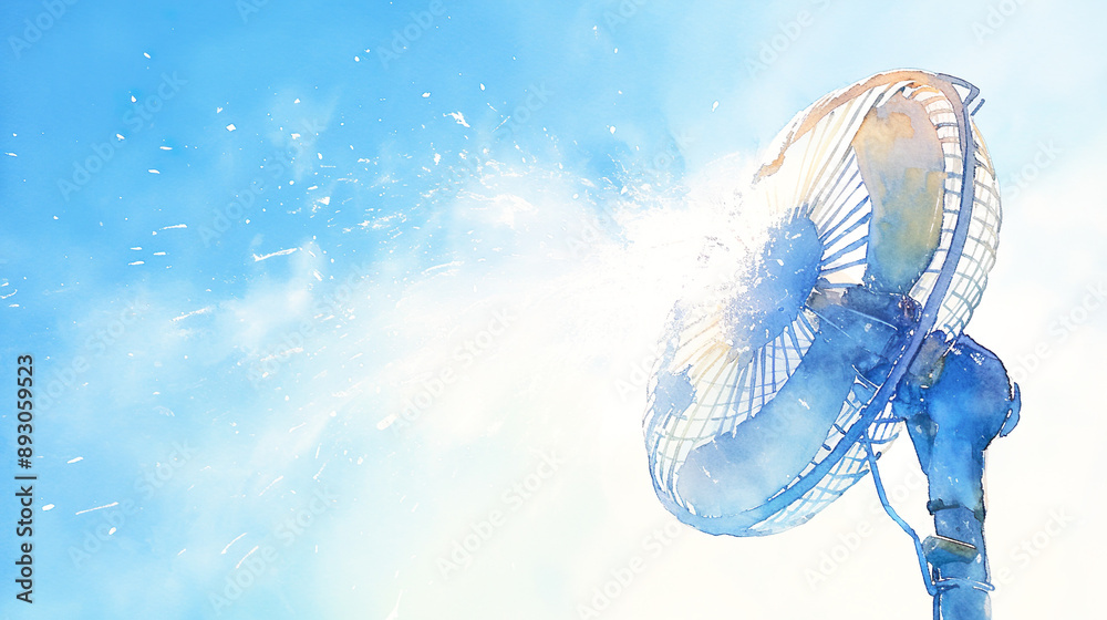 夏空の下の涼しげな扇風機の水彩イラスト背景 Stock Illustration | Adobe Stock