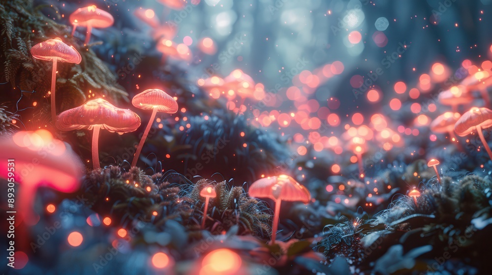 Enchanted Forest: Surreal Landscape with Glowing Mushrooms and Iridescent Moss Enchanted Forest: Surreal Landscape with Glowing Mushrooms and Iridescent Moss
