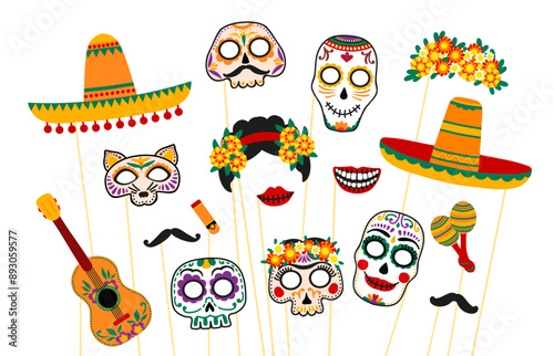 Mexican dead day photo booth masks with props. Dia de Los Muertos holiday, Day of the Dead traditional sugar and animal skulls, sombrero, mustaches, Catrina and guitar party isolated vector masks set