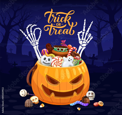 Halloween sweets bucket with candies and skeleton hands. October holiday or Happy Halloween event vector background. Fall season scary celebration backdrop with creepy candies in pumpkin lantern