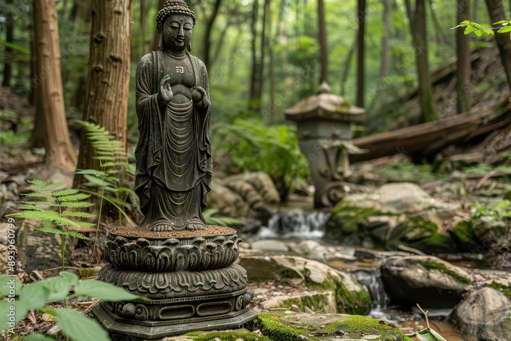 Fototapeta premium Serene Gupta Buddha Statue in Graceful Pose Amidst Tranquil Natural Setting