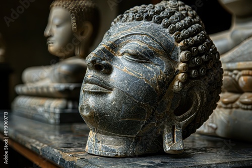 Serene Gupta Buddha Head Carved in Sandstone - Close-up of Elegant Facial Features and Wavy Hair photo