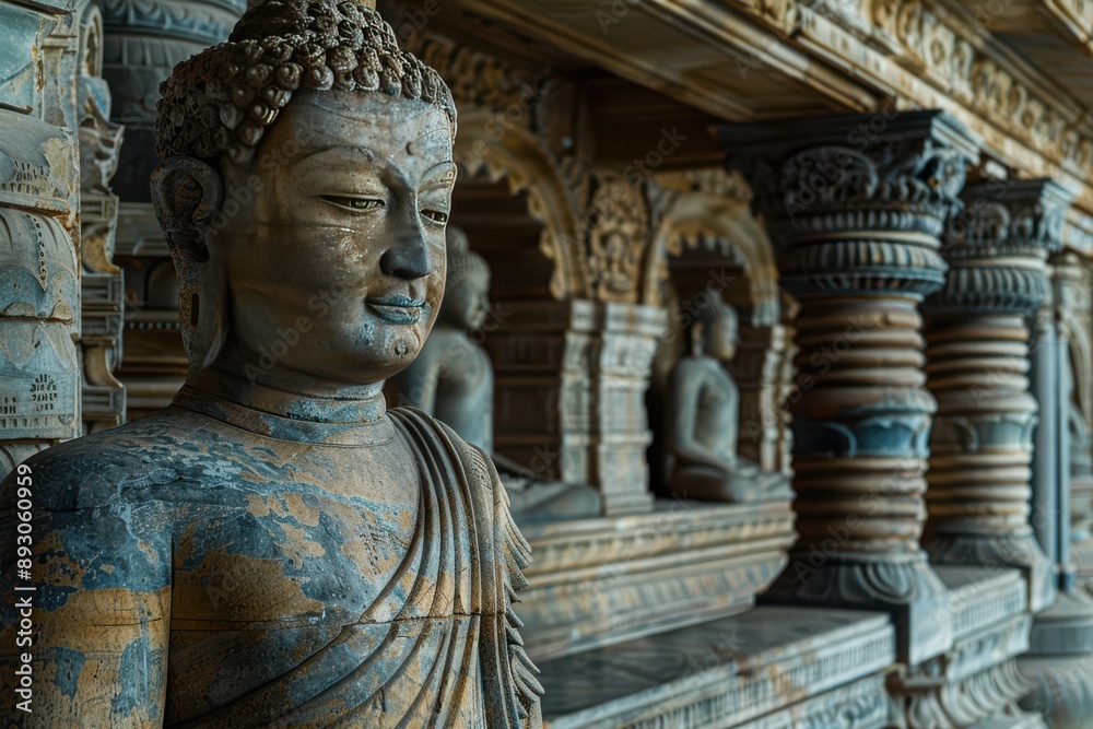 Serene Mathura Buddha Standing by Ancient Temple Wall Serene Mathura Buddha Standing by Ancient Temple Wall