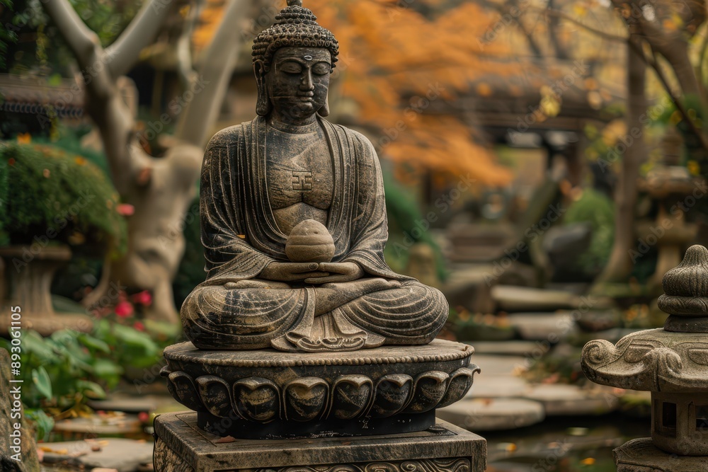 Serene Gandhara Buddha in Meditation on Lotus Pedestal Amidst Lush Garden with Hellenistic Influence Serene Gandhara Buddha in Meditation on Lotus Pedestal Amidst Lush Garden with Hellenistic Influence