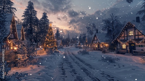 A Snow Covered Road Leading to a House in the Middle of a Snowy Village - Generative AI