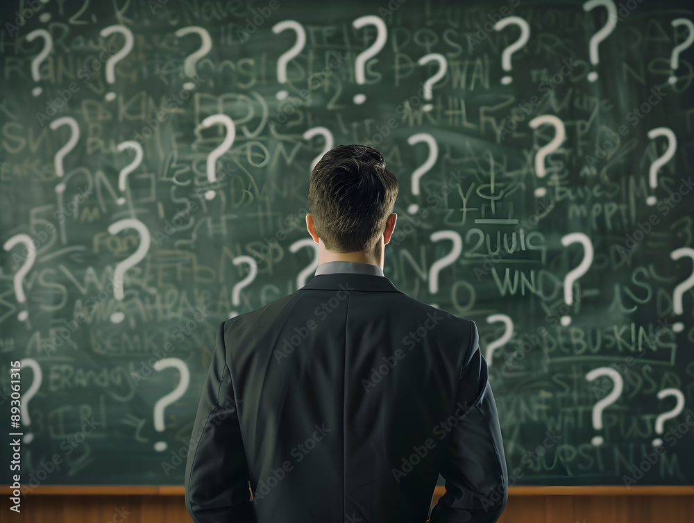A man stands in front of a chalkboard with many questions written on it. He is deep in thought, possibly pondering the answers to the questions. Concept of curiosity and intellectual engagement A man stands in front of a chalkboard with many questions written on it. He is deep in thought, possibly pondering the answers to the questions. Concept of curiosity and intellectual engagement