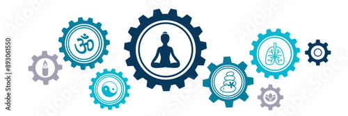 mindfulness / meditation / relaxation concept – connected icons related to mindful living, awareness, stress-relief - vector illustration