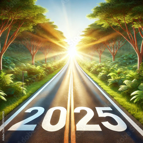 Text 2025 written on the road in the middle of asphalt road at sunset