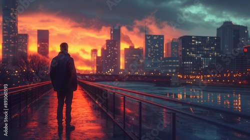 A Man Is Standing on a Walkway in Front of a City at Sunset - Generative AI