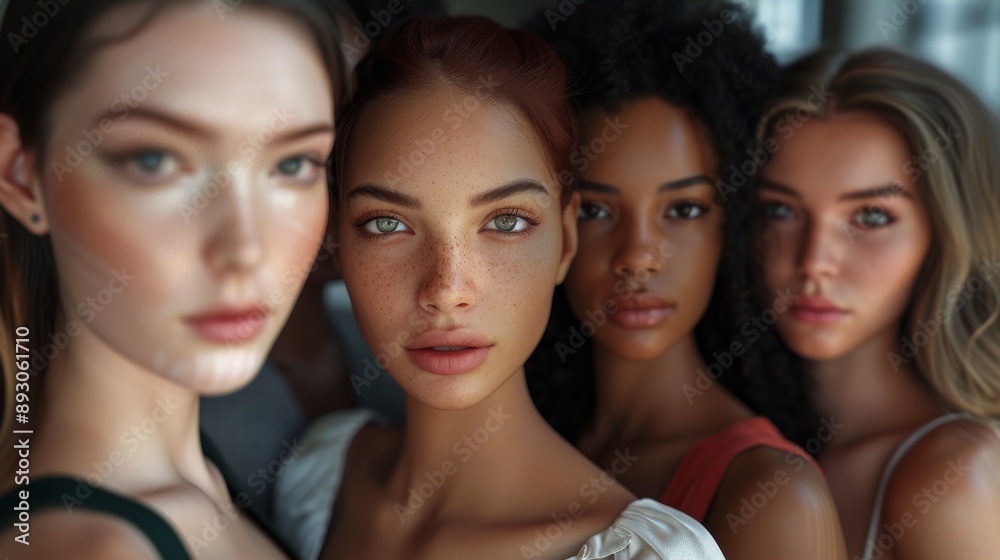 Obraz premium A Group of Women With Different Skin Tones and Hair Colors Are All Looking at the Camera - Generative AI