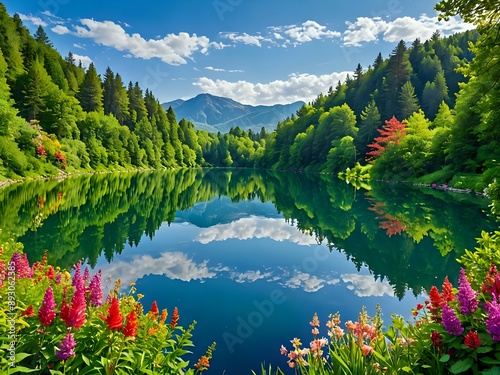 a serene landscape with a clear blue lake reflecting the sky, surrounded by lush green trees and colorful flowers