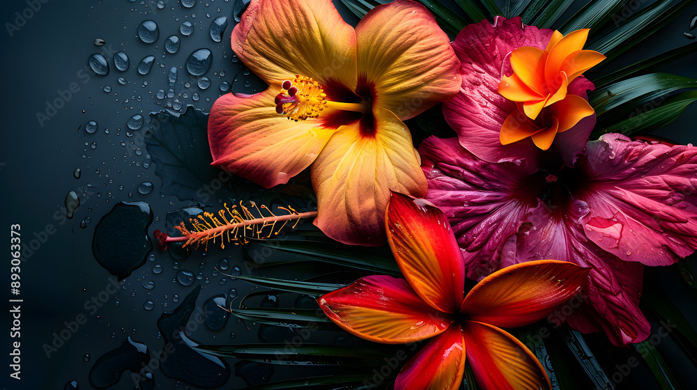 Obraz premium A colorful bouquet of flowers with a blue background. The flowers are orange and yellow, and there is a drop of water on the left side of the image