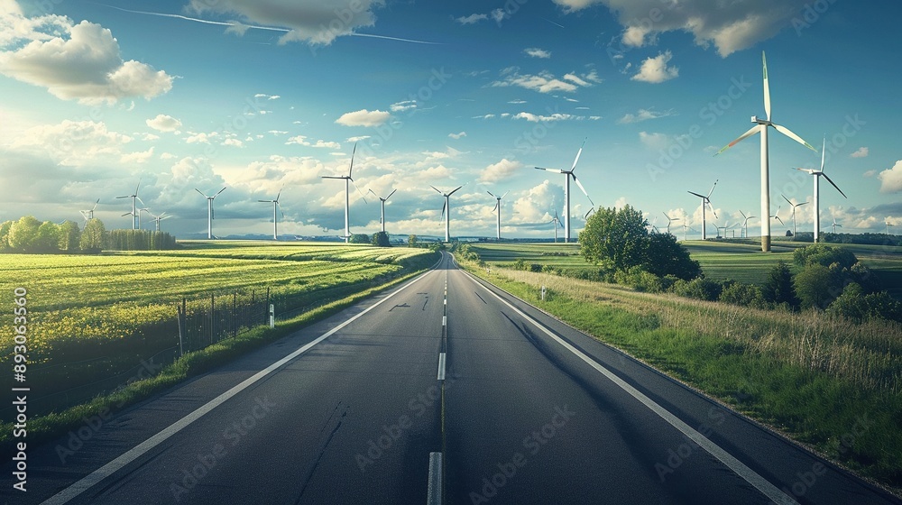 Fototapeta premium Highway with wind farm, renewable energy, rural landscape