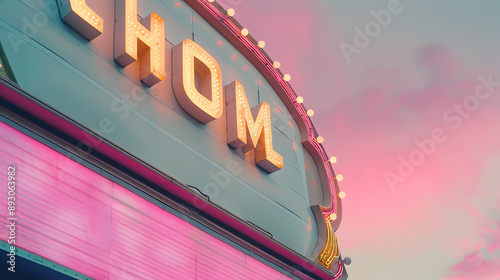 A neon sign with pink and yellow lights that says CHOM. The sign is lit up and stands out against the pink sky