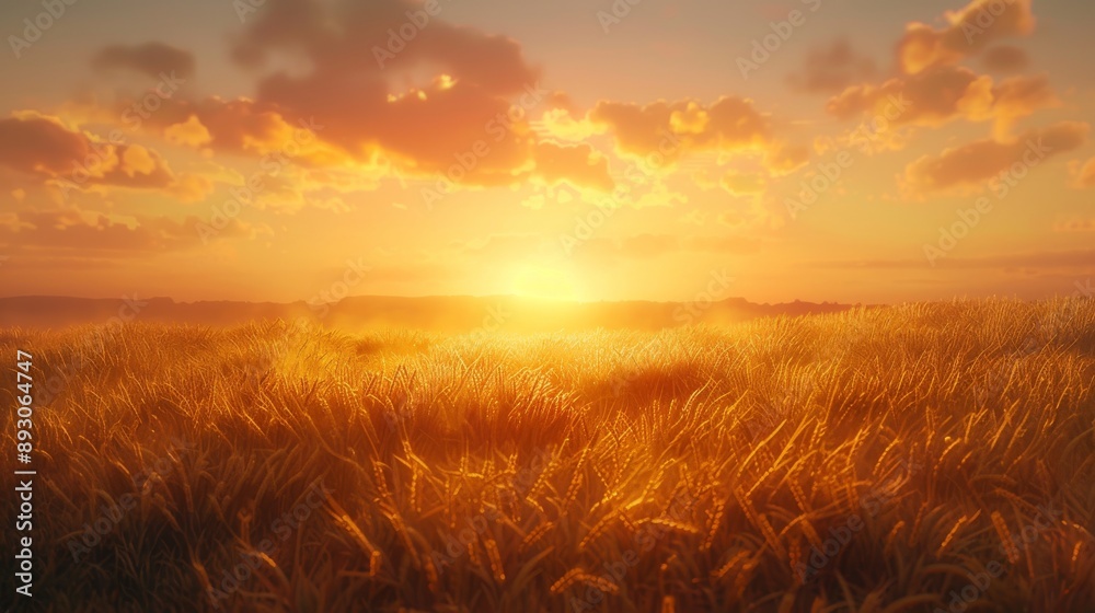 A Field of Golden Wheat With the Sun Setting In the Sky Behind It - Generative AI A Field of Golden Wheat With the Sun Setting In the Sky Behind It - Generative AI
