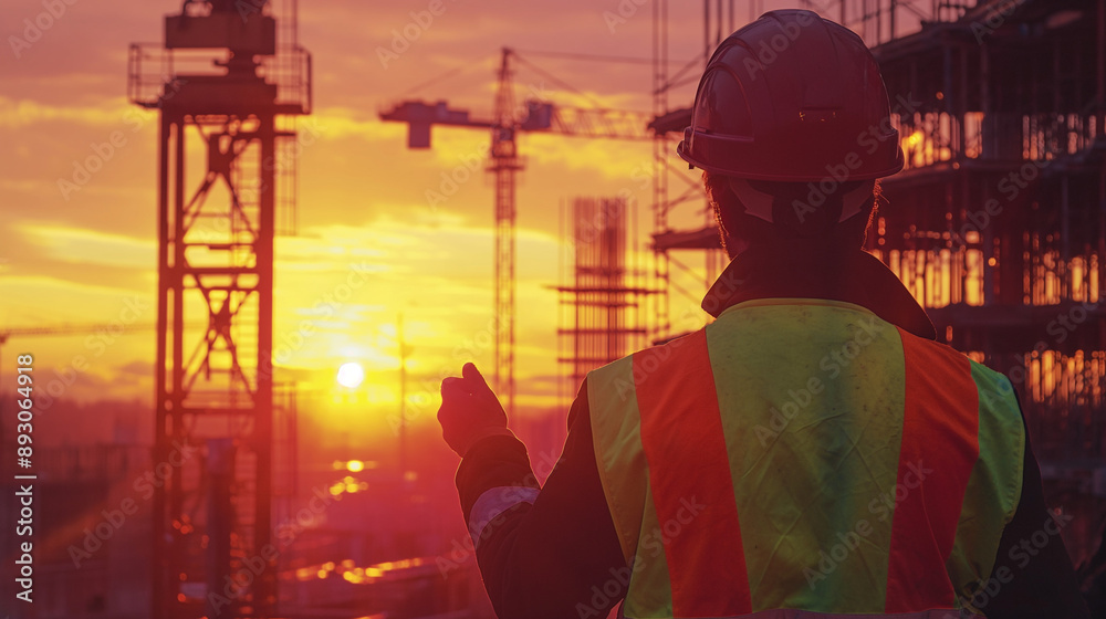 A construction site at sunrise, with workers wearing hard hats and safety vests as they begin their day. The site is buzzing with activity, cranes moving, and machinery operating A construction site at sunrise, with workers wearing hard hats and safety vests as they begin their day. The site is buzzing with activity, cranes moving, and machinery operating