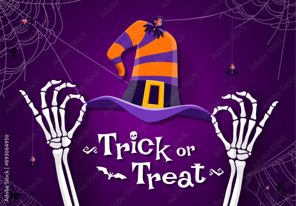 Naklejka premium Trick or treat banner with skeleton hands and witch hat. Vector bony fingers emerge from the shadows, gripping mystical striped cap amid intertwined spooky cobwebs, exude haunting spirit of the arcane
