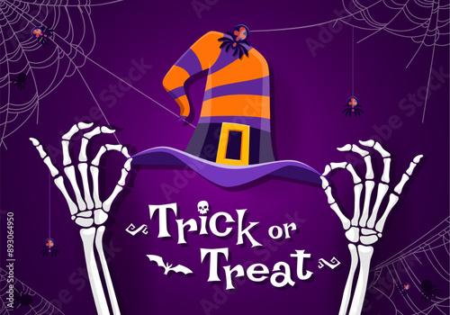 Trick or treat banner with skeleton hands and witch hat. Vector bony fingers emerge from the shadows, gripping mystical striped cap amid intertwined spooky cobwebs, exude haunting spirit of the arcane