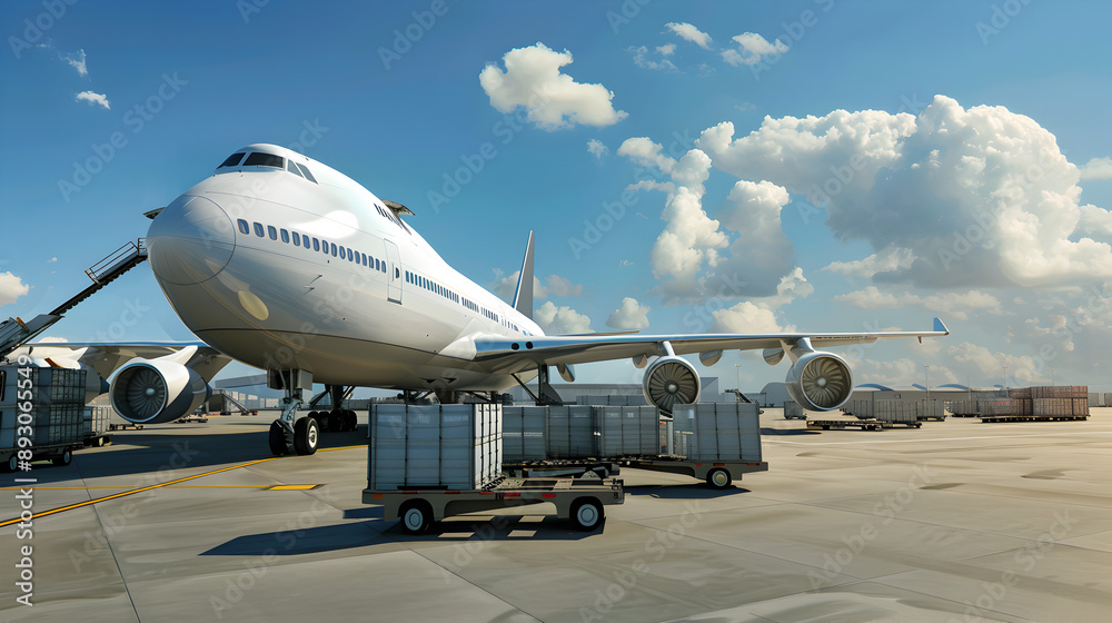 A large white airplane is parked on the tarmac at an airport. The plane is surrounded by several smaller airplanes and a large number of luggage carts. Concept of busyness and activity A large white airplane is parked on the tarmac at an airport. The plane is surrounded by several smaller airplanes and a large number of luggage carts. Concept of busyness and activity