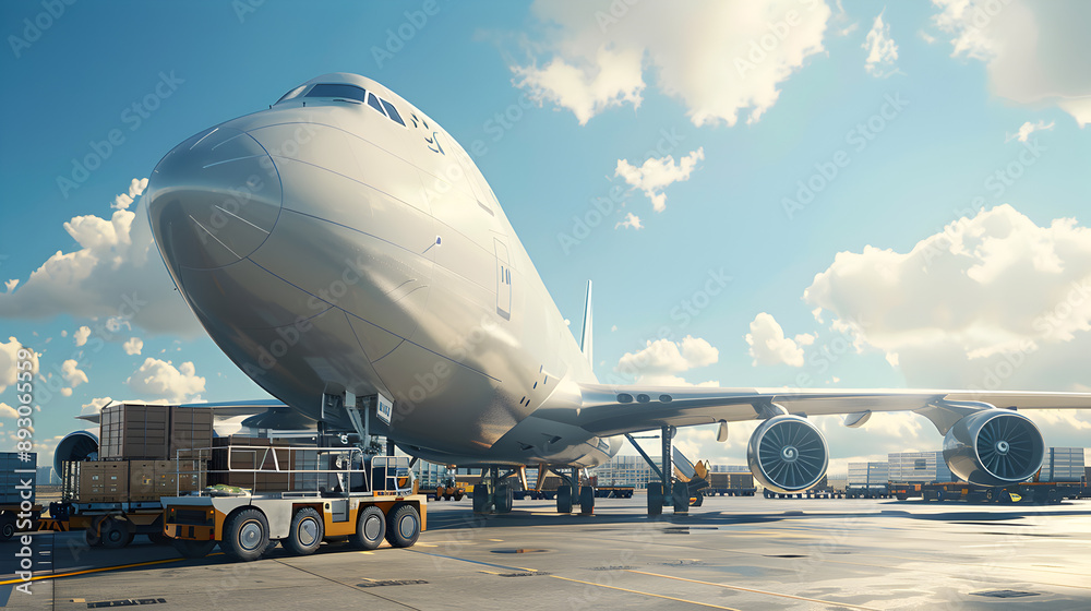 A large white airplane is parked on the tarmac with a truck in front of it. Concept of anticipation and excitement, as the airplane is likely preparing for its next flight A large white airplane is parked on the tarmac with a truck in front of it. Concept of anticipation and excitement, as the airplane is likely preparing for its next flight