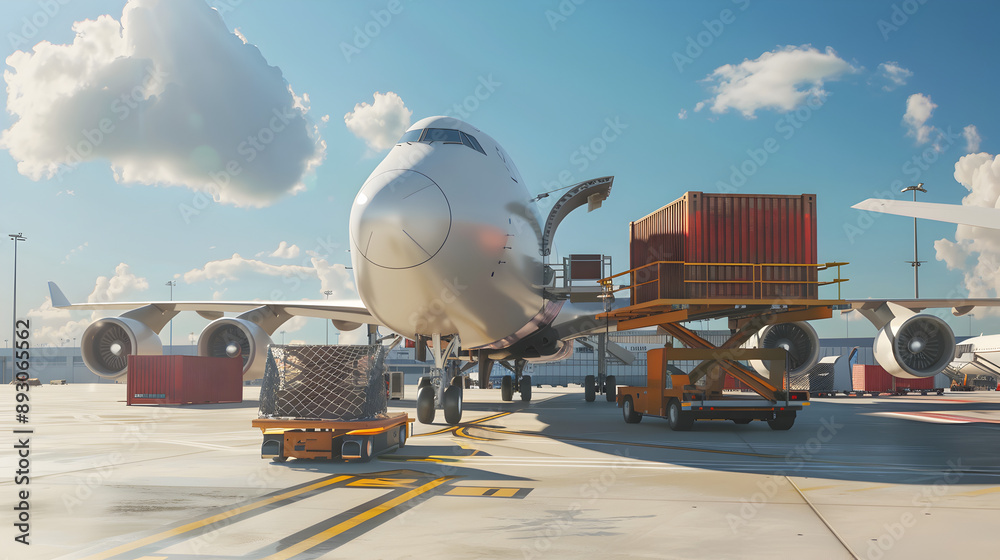 Fototapeta premium A large white airplane is parked on the tarmac with a cargo plane in front of it. The cargo plane is loaded with boxes and crates. The scene is bustling with activity as people work to load