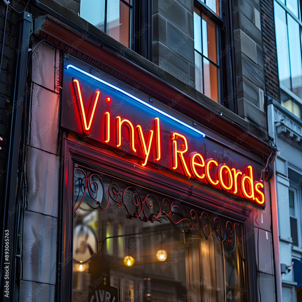 Obraz premium A neon sign for a record store with a red and blue neon sign that says Vinyl Records. The sign is lit up and is on the side of a building