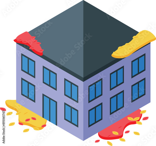 Leaky building facade during autumn season with fallen leaves on the ground