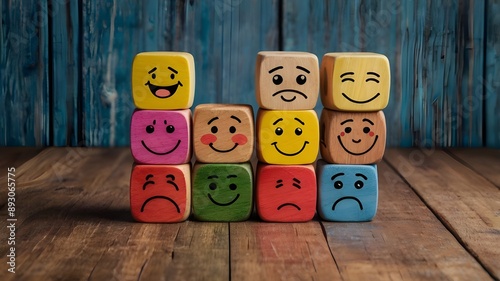 concept of Different emotions drawn on colorful cubes, wooden background.