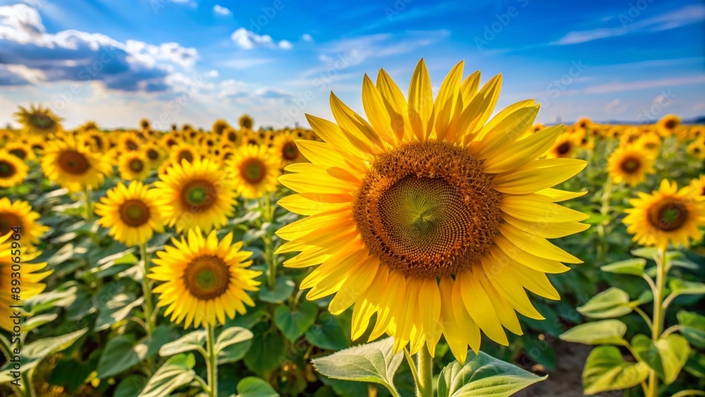 Close-up of a sunflower field in full bloom, with bright yellow petals and a clear sky creating a cheerful atmosphere. Close-up of a sunflower field in full bloom, with bright yellow petals and a clear sky creating a cheerful atmosphere.