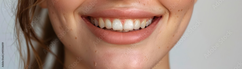 Fototapeta premium Close-up of a woman smiling with white teeth.