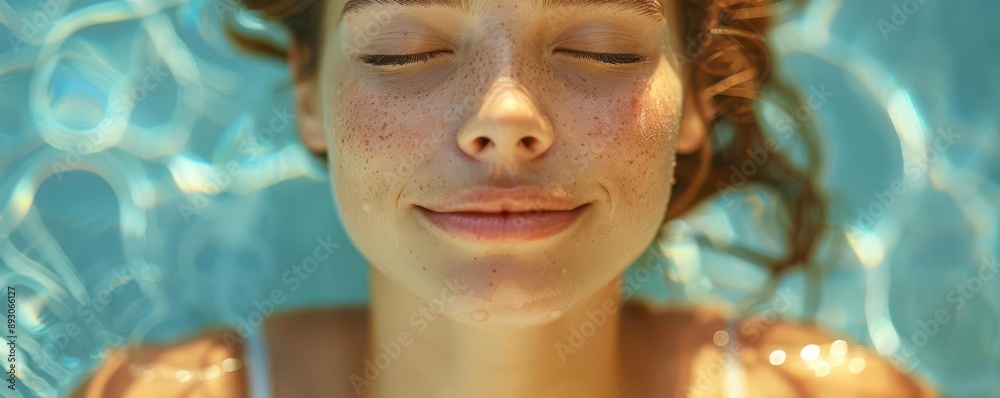 Close-up of a woman with eyes closed, relaxed in a pool. Close-up of a woman with eyes closed, relaxed in a pool.