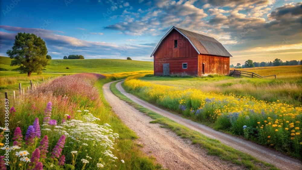 Rustic countryside scene with a red barn, a field of wildflowers, and a dirt road leading into the distance. Rustic countryside scene with a red barn, a field of wildflowers, and a dirt road leading into the distance.