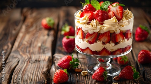Traditional strawberry trifle in transparent dessert glass on rustic wooden surface