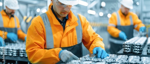 Workers sorting through used car battery packs, battery waste, recycling process