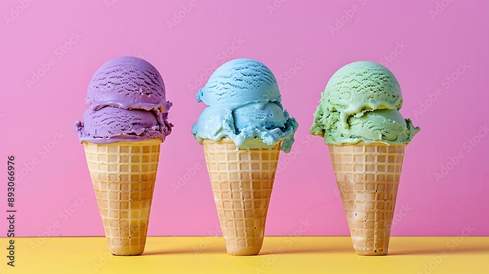 Triple Scoop of Purple Blue and Green Ice Cream Cone on a Pink and Yellow Background Triple Scoop of Purple Blue and Green Ice Cream Cone on a Pink and Yellow Background