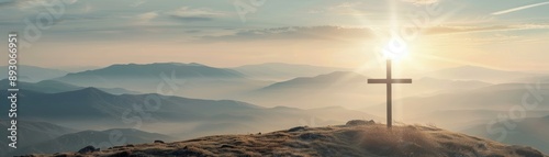 Crucifix in a divine landscape, symbol of trust, spiritual tranquility
