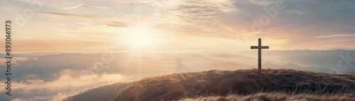 Crucifix in a divine landscape, symbol of trust, spiritual tranquility