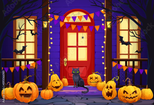 Halloween scary pumpkins on holiday door porch in horror night, cartoon vector. Halloween trick or treat party with boo pumpkins with carving faces, witch black cat and spiderweb on house door