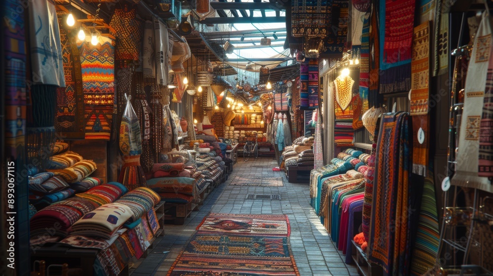 A Narrow Aisle With Many Colorful Blankets and Pillows on the Wall to the Right of the Aisle - Generative AI A Narrow Aisle With Many Colorful Blankets and Pillows on the Wall to the Right of the Aisle - Generative AI