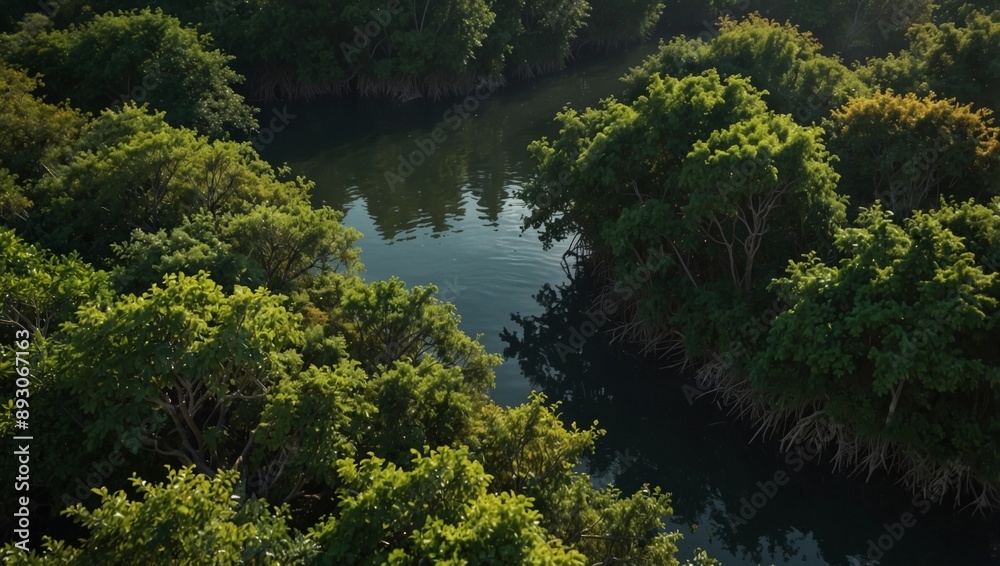 Fototapeta premium Aerial view of mangrove forest capturing co2, green trees for net zero emissions concept.