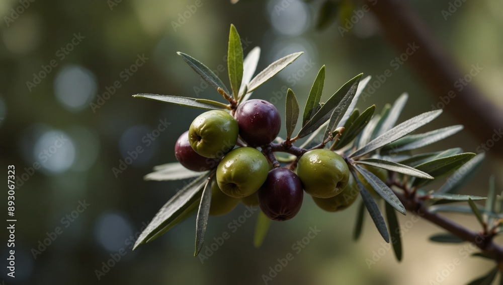 Olive branch on blurred background with space for text placement, ideal for creative designs. Olive branch on blurred background with space for text placement, ideal for creative designs.