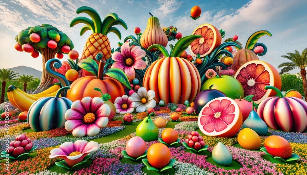 Colorful Fruit and Flower Display in a Garden Setting Colorful Fruit and Flower Display in a Garden Setting