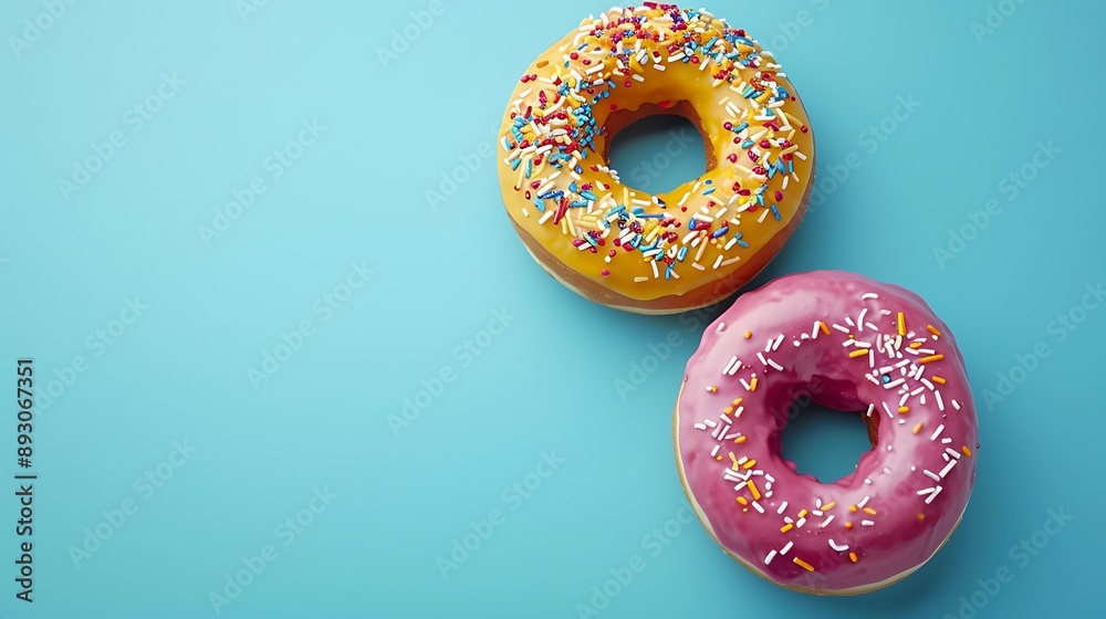 Two colourful glazed doughnuts lies on blue background