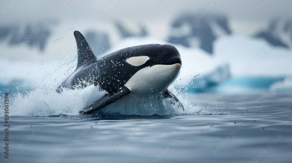 Fototapeta premium A Black and White Orca Whale Splashing in the Water With Icebergs in the Background - Generative AI