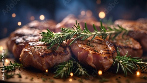 Aromatic Rosemary Sprigs Star in Grilled Meats Double Exposure. photo