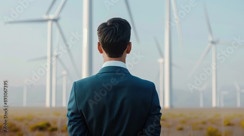 Business leader with a backdrop of a wind farm, renewable energy advocacy, corporate environment