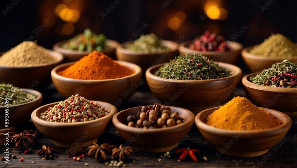 Assortment of gourmet spices and seasonings in elegant wooden bowls on dark background. Assortment of gourmet spices and seasonings in elegant wooden bowls on dark background.