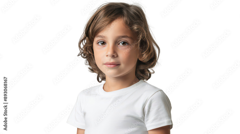 Half body portrait of a curious Italian child in a white T-shirt Half body portrait of a curious Italian child in a white T-shirt