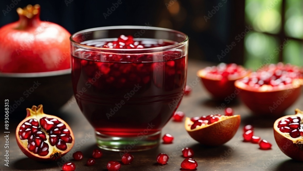 Pomegranate molasses and sour sauce with fresh ripe pomegranate fruit in glass bowl on table. Pomegranate molasses and sour sauce with fresh ripe pomegranate fruit in glass bowl on table.