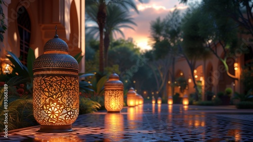 A Row of Ornate Lanterns Lined up on a Tiled Walkway - Generative AI